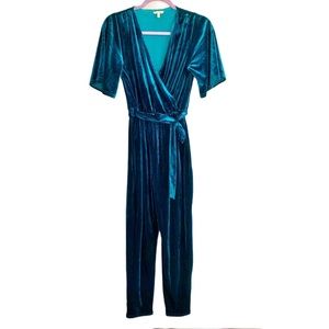 PetiteStudio aqua velvet wrap belted jumpsuit: M